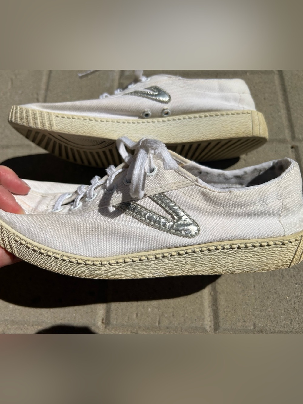 Tretorn White Canvas Sneakers with Silver V Logo
